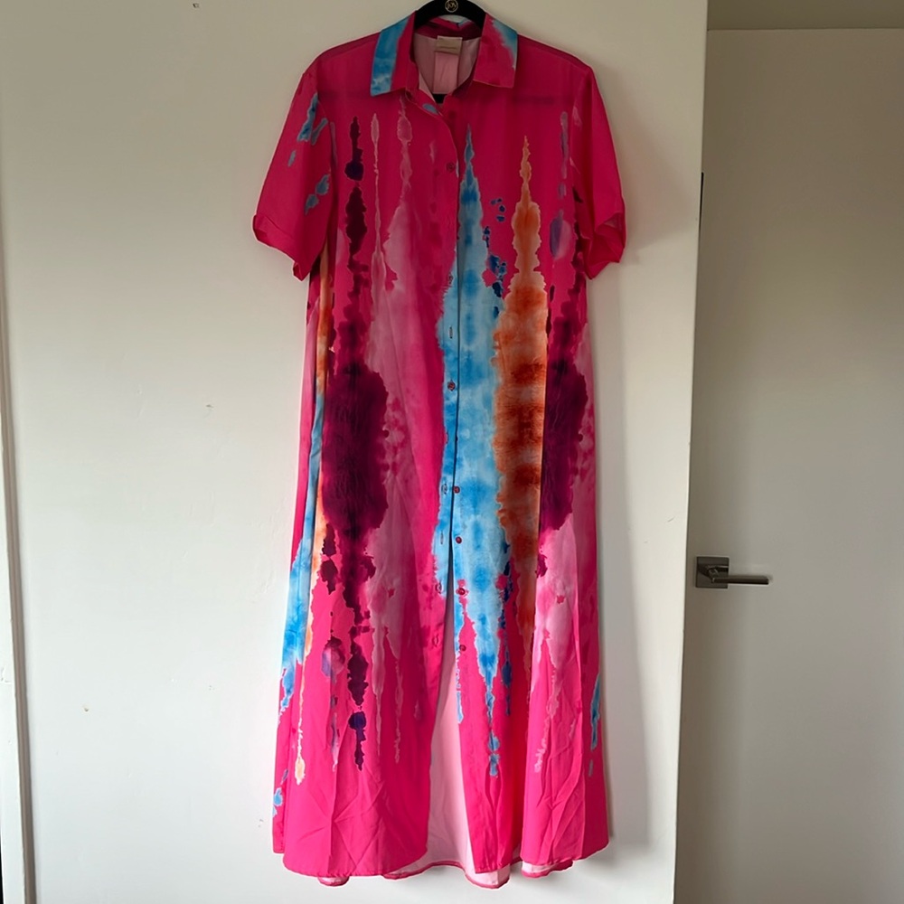 Zeta Otto Italian print maxi shirt dress with sleeves. One size.
